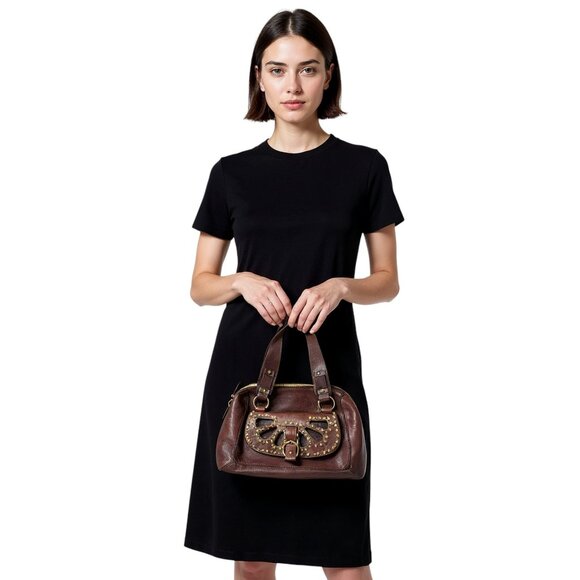 Michael Kors Handbags - Michael Kors Brown Studded Leather Satchel – Women's Medium Top Handle Bag